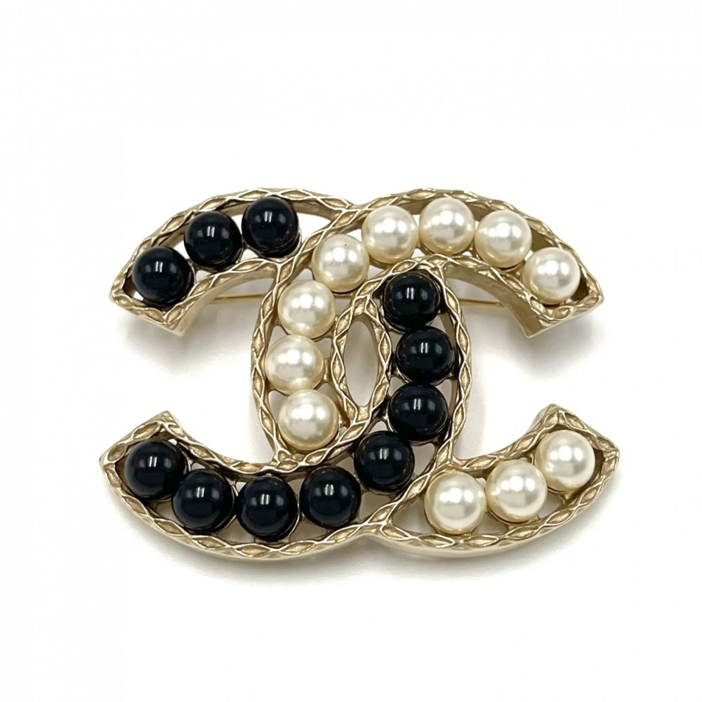 CHANEL Black Pearl Logo Brooch